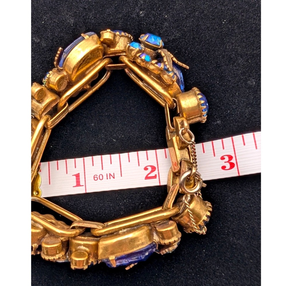 Vintage Blue Aurora Borealis Crystal Floral Gold Tone Bracelet Safety Chain - Picture 2 of 4